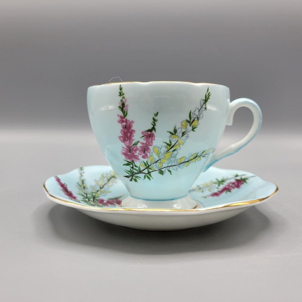 Vtg Foley Bone China Highland Heather Teacup & Saucer Set England Blue Floral